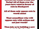 A picture of text that reads as follows. Labour, Lib Dems, Greens and Tories! All of them over the years have voted in favour of cuts in Stockport! All of them only oppose cuts in words alone! Want councillors who will oppose cuts with actions and not just words? Then join us in building a new party in Stockport!