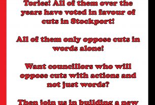 A picture of text that reads as follows. Labour, Lib Dems, Greens and Tories! All of them over the years have voted in favour of cuts in Stockport! All of them only oppose cuts in words alone! Want councillors who will oppose cuts with actions and not just words? Then join us in building a new party in Stockport!